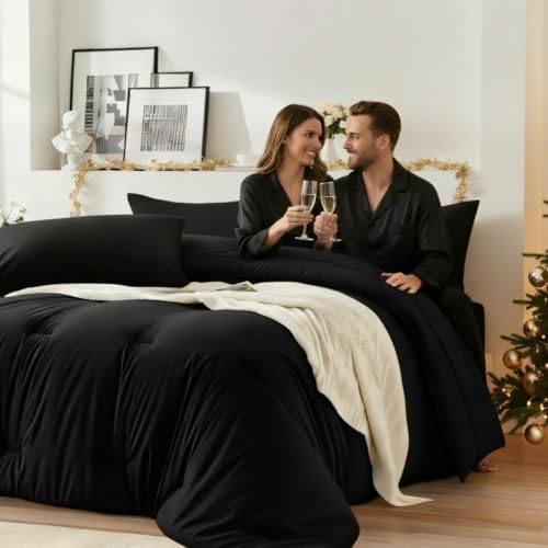 Easthome Queen Comforter Set 7 Piece - Black Soft Bed in a Bag Queen Size Comforter Sets, Cozy Luxury Bedding Sets with Down Alternative Comforter, Flat Sheet, Fitted Sheet, 2 Pillowcases & 2 Shams Easthome