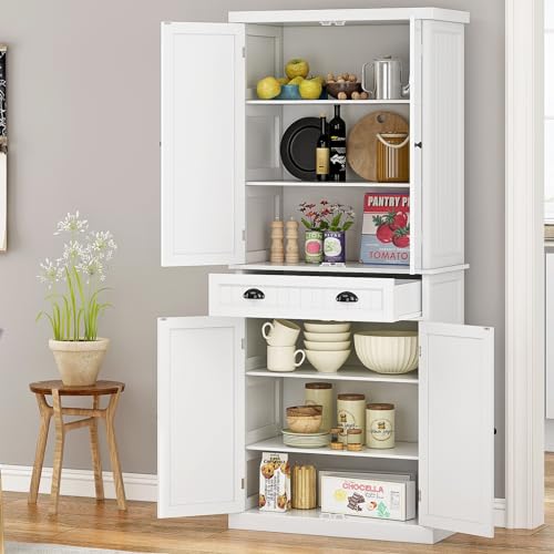 Function Home 72" Kitchen Pantry Cabinet, Tall Storage Cabinet, Freestanding Cupboard with Drawer and Adjustable Shelves, Pantry Cabinets for Kitchen Bathroom Living Room, White - WoodArtSupply