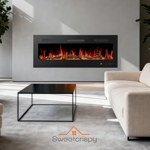 Sweetcrispy 60” Electric Fireplace Insert, 1500W Wall Mounted & Recessed Fireplace, Freestanding Fireplace Heater with Remote & Touch Panel Control, Adjustable Flame Effect, 12H Timer for Indoor use Sweetcrispy