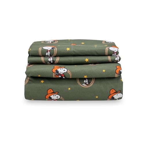 Berkshire Blanket Peanuts® Kids Sheet Set Queen Size - 4 Pieces,Cute Character Snoopy Printed Soft Microfiber Bed Sheets,Snoopy Giddy Up Cowboy Sheets Moss Berkshire Blanket