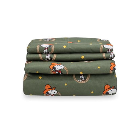 Berkshire Blanket Peanuts® Kids Sheet Set Queen Size - 4 Pieces,Cute Character Snoopy Printed Soft Microfiber Bed Sheets,Snoopy Giddy Up Cowboy Sheets Moss Berkshire Blanket