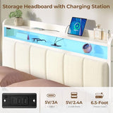 Rolanstar Bed Frame King Size with Charging Station and LED Lights, Upholstered Headboard with Storage Shelves, Heavy Duty Metal Slats, No Box Spring Need, Noise Free, Easy Assembly, White Rolanstar