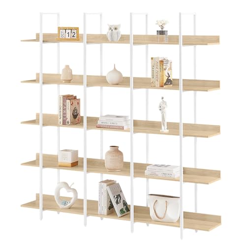 Nahenduo 5 Tier Large Open Bookshelf, Industrial Bookshelf with Back Fence, 400lbs Capacity, Wooden Office Bookcase with Metal Frame for Home Office Living Room, Easy Assembly (Oak and White Frame) Nahenduo