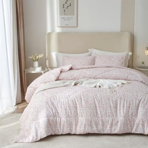 MKXI Luxury Comforter Set Leopard Print King Size Comforter Set Animal Cheetah Pattern Pink White Floral Bed Comforter Cute Leopard Aesthetic Comforter Bedding Set for All Season MKXI