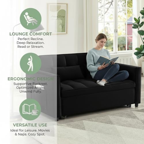 DQlVrillka Loveseat Sleeper Sofa, 3 in 1 Convertible Sofa Bed, Adjustable Backrest Comfy Pull Out Couch, Modern Upholstered Sofa for Living Room Bedroom Apartment Small Space (Black) DQlVrillka