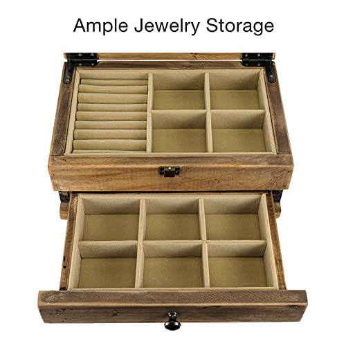 Excello Global Products Jewelry Box: Farmhouse Solid Wood Rustic Distressed Jewelry Organizer. Includes Glass Window and Storage Drawer. EXCELLO GLOBAL PRODUCTS