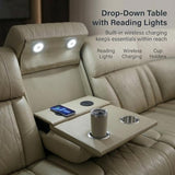 GzhAyyQ Power Reclining Sectional Sofa, Beige Breathing Leather Recliner Couch with LED Light, Cup Holders, Storage Console, Wireless Charging, USB & Type-C for Living Room Home Theater