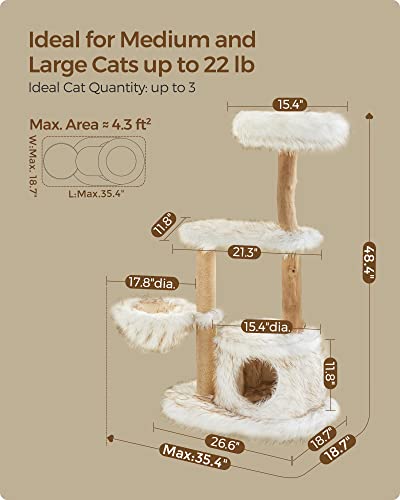 Feandrea Modern Cat Tree, Wood Cat Tower for Large Cats up to 22 lb, 48.4-Inch Luxury Cat Condo with Scratching Post, Perch, Cave, Basket, White UPCT144W01 - WoodArtSupply