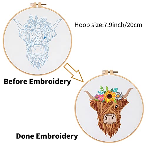 Louise Maelys Animal Embroidery Kits for Beginners with Highland Cow Pattern,Adults Starter Cross Stitch Kit DIY Needlepoint