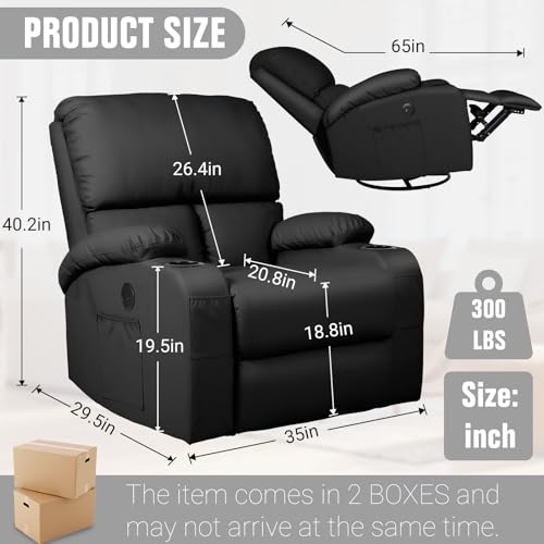 LEVELEVE Rocking Recliner Chair, Massage Rocker Recliner Chair with Vibration Massage and Heat, USB and Type-C Ports,360° Swivel Faux Leather Chairs, Living Room, Bedroom, Nursery, RV, Black