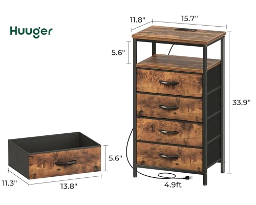 Huuger Night Stand with Charging Station, Set of 2, 4 Drawer Dresser for Bedroom, Bedside Table, 33.9 Inch Tall Nightstand with Open Shelf, End Table, for Closet, Entryway, Bedroom, Rustic Brown Huuger