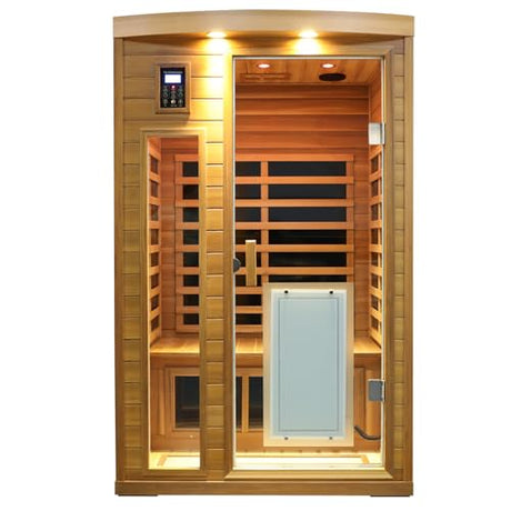 2 Person Low EMF Infrared Sauna for Home, Red Cedar Wood Far Infrared Saunas, 1750watt Indoor Personal Sauna Room with Door Heating Panels, Blue-tooth, 7-Color Chromotherapy Lights, 2 Outdoor Lamps Kanlanth