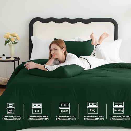 CozyLux Dark Emerald Green Full Size Comforter Set, 3 Pieces Solid Breathable Quilted Bedding Sets, Luxury Fluffy Soft Bed Set with Down Alternative Comforter All Season (1 Comforter & 2 Pillowcases) CozyLux