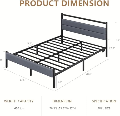 Full Bed Frames with Charging Station, LED Lights Bed with Grey Upholstered Headboard, Under Bed Storage, With Heavy Duty Slats Support, No Box Spring Needed, Noise Free, Easy Assembly, Black CollaredEagle