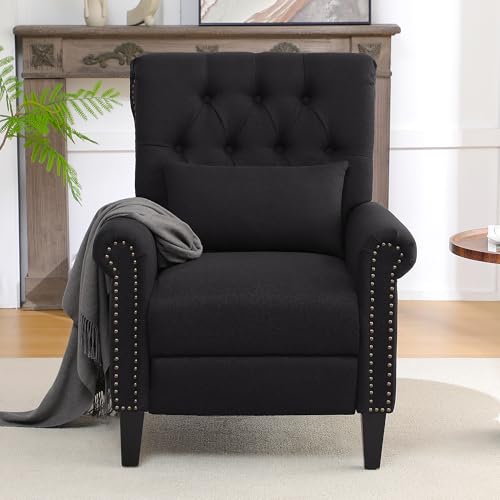 choairy Pushback Recliner Chair, Accent Push Back Chairs with Adjustable Footrest, Upholstered Linen Reclining Sofa with Side Pocket, Comfy Modern Armchair for Living Room, Bedroom, Black