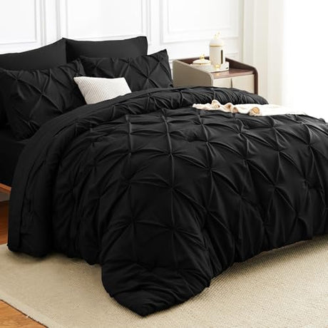 HIMEET Pintuck Bed in a Bag, 7 Pieces King Size Comforter Set Black, Luxury Pinch Pleat Bed in a Bag, Soft All Season Bedding Sets with Comforter, Flat Sheet, Fitted Sheet and Pillowcases & Shams HIMEET