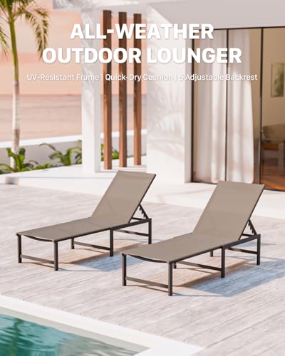 WOAJNQO Chaise Lounge Chair Outdoor,Aluminum Patio Lounge Chairs,Lounge Chairs with 5 Adjustable Backrest for Outside Beach Lawn and Backyard,Khaki WOAJNQO
