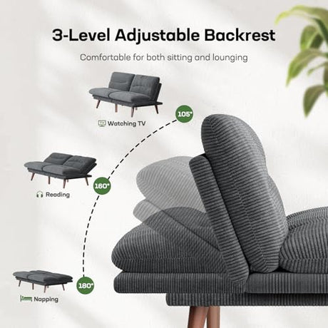 Marsail Futon Sofa Bed, 66” Futon Couch with Adjustable Backrest & Armrests, Convertible Small Sleeper Sofa Bed for Small Apartments, Study Room, Office, Corduroy Loveseat, Grey Marsail