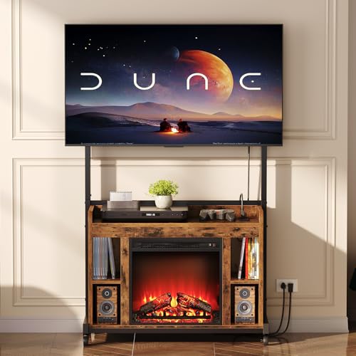 RALGEND Fireplace TV Stand with Mount for 55/60/65/75 inch TVs, Corner Entertainment Center with Power Outlet and 18" Electric Fireplace, Height Adjustable TV Console for Living Room, Rustic and Black RALGEND