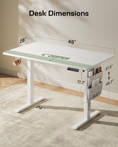 Marsail Standing Desk Adjustable Height,48"*28" Electric Standing White Deskwith Storage Bag,Sit Stand up Deskfor Home Office Writing Computer Table,4 Memory Preset with Headphone Hook,Cable Manager Marsail