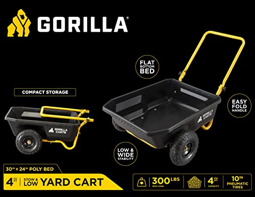 Gorilla Carts GCR-4 Poly Dump Cart, 2-Wheel Garden Wagon with Foldable Handle, 4 cu ft, 300 lb. Capacity, Black/Yellow