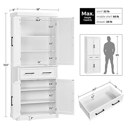 Topeakmart 72.5" Kitchen Pantry with Large Drawer, Wooden Pantry Cabinet Cupboard with Doors and Adjustable Shelves, Storage Cabinet Organizer for Kitchen, Dining Room, Living Room, White - WoodArtSupply