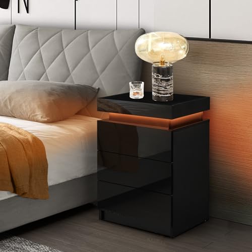 CLIPOP Modern Nightstand, LED Night Stand with 3 High Gloss Chest of Drawers, Bedside Table Cabinet with Remote Control Lights, Wood Matte Nightstand 21.6" Tall Bedroom Furniture, Black CLIPOP