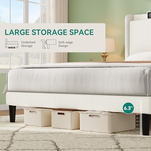 YITAHOME Queen Bed Frame with Adjustable Corduroy Wingback Headboard 43.3"-47.2", Upholstered Platform Bed, Solid Wood Slat Support, No Box Spring Needed,Beige Cream YITAHOME