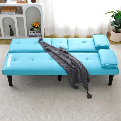 AnoYishev Futon Sofa Bed PU Leather Modern Convertible Futon Couch with Removable Armrests, Cup Holders, Loveseat Sleeper Sofa Bed for Living Room, Apartment, Small Spaces (Blue) AnoYishev