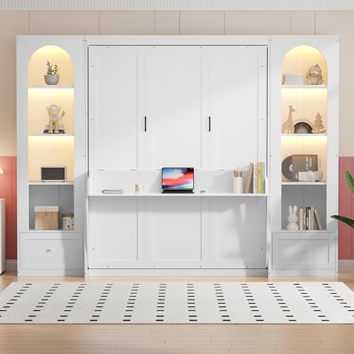 PVWIIK Queen Size Murphy Bed with Storage Drawers & Desk for Save Space & Small Space,Bedroom,Guest Room,Wall Bed Frame Folding into Cabinet Design w/LED & Storage Shelf,White PVWIIK