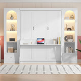 PVWIIK Queen Size Murphy Bed with Storage Drawers & Desk for Save Space & Small Space,Bedroom,Guest Room,Wall Bed Frame Folding into Cabinet Design w/LED & Storage Shelf,White PVWIIK