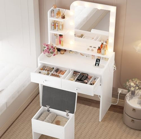 LIKIMIO Vanity Desk with Mirror and Lights, Makeup Vanity Table Set with Storage Stool, Makeup Drawer Organizer, 3 Color Modes Adjustable Bulb, Power Outlet, White Vanity for Bedroom LIKIMIO