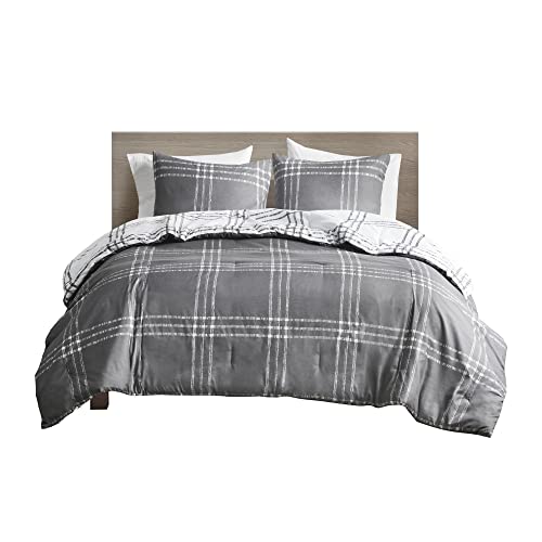 Intelligent Design Pike Reversible Comforter Set, Cottage Plaid Print, Modern Cabin Lifestyle, Down Alternative, All Season Bedding with Matching Sham, Twin/Twin XL White/Grey 2 Piece Intelligent Design