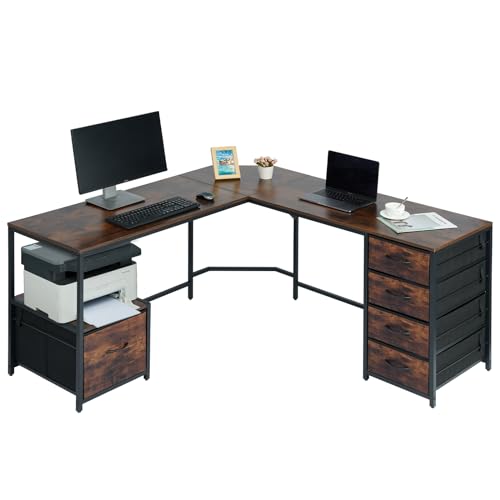 TOPSKY L-Shaped Desk Corner Computer Desk with 18.9" Depth Workstation, Cloth File Cabinet for Letter Size File Folder and 4 Cloth Storage Cabinets (Rustic Brown, 59 * 59 inch) - WoodArtSupply