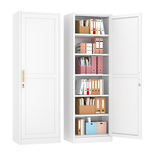pozdeg 67" Metal Storage Cabinet with Lock, Tall Narrow Office File Cabinets with 5 Adjustable Shelves, Metal Steel Locker for Home, School, Office, Garage or Gym (White) pozdeg