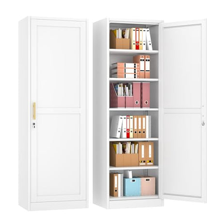 pozdeg 67" Metal Storage Cabinet with Lock, Tall Narrow Office File Cabinets with 5 Adjustable Shelves, Metal Steel Locker for Home, School, Office, Garage or Gym (White) pozdeg