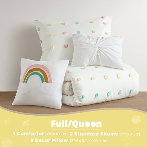 Intelligent Design Callie Girls Full/Queen Comforter Set, Ivory 5-Piece Kids Bedding, 100% Cotton Tufted Pom Pom Tufted Jacquard, All Season Down Alternative, Cozy Shabby Chic Bedroom Décor Intelligent Design