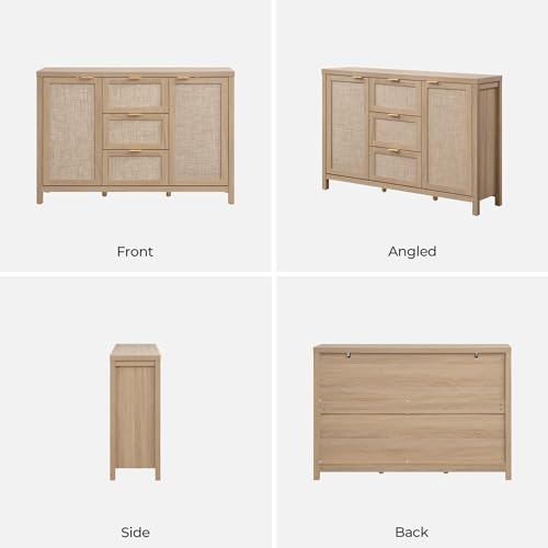 SICOTAS 52" Larger Sideboard Buffet Coffee Bar Cabinet with Storage - Farmhouse Rattan Credenza Storage Cabinet with 3 Drawers and 2 Doors, Boho Console Table for Living Room, Kitchen, Light Oak SICOTAS