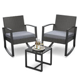 Qsun 3 Pieces Patio Furniture Set Rocking Bistro Set Outdoor Rattan Conversation with Coffee Table for Garden Balcony Backyard Poolside (Grey Cushion) Qsun