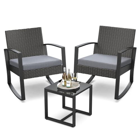 Qsun 3 Pieces Patio Furniture Set Rocking Bistro Set Outdoor Rattan Conversation with Coffee Table for Garden Balcony Backyard Poolside (Grey Cushion) Qsun