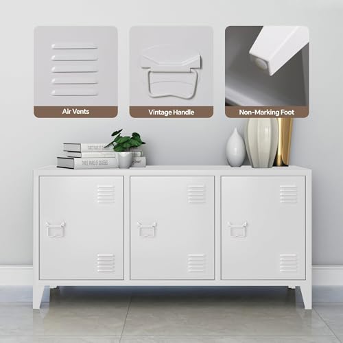 MIOCASA Metal Cabinet with Doors and Shelf,Industrial Steel Storage Cabinet TV Stand, 2 Tier Low Locker TV Cabinet for Home and Office White Size: 44.49W×15.75D×22.83H MIOCASA