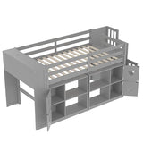 PVWIIK Twin Size Low Loft Bed with Storage Shelves & Headboard and Side Ladder,Sturdy Bed Frame w/Clothes Drying Rack,Festival Gifts,Grey PVWIIK