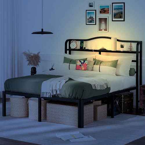 Queen Bed Frame 14 Inch Metal Bed Frame Queen Size with Headboard & Star Projector Lights & White Noise & Charging Station,Modern Design with Large Storage Space,No Box Spring Needed (14 Inch, Queen) RmagineX