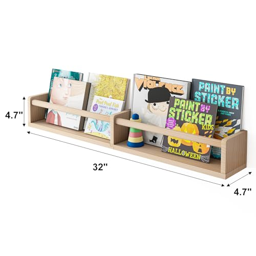 Fixwal Nursery Bookshelves, 32in Floating Bookshelves for Wall Set of 3, Wood Wall Mounted Book Shelves for Baby Nursery Decor, Toys and Decor Storage (Natural Wood) - WoodArtSupply