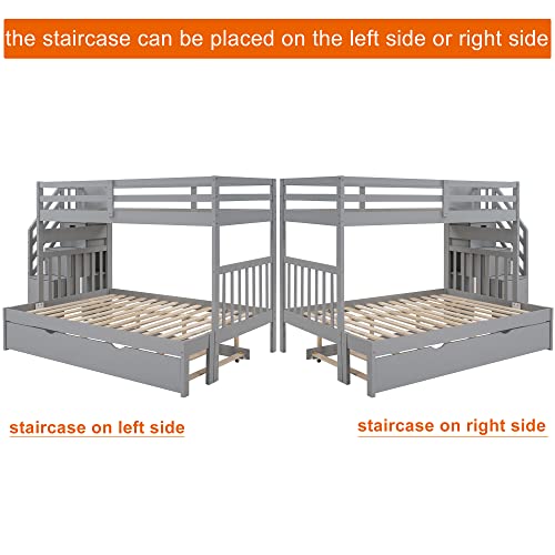 Twin over Full Bunk Bed with Trundle for 2 Kids, Wood Twin over Full Size Bunk Bed with Storage Cabinet and Drawers, Convertible Bunk Beds Split into 3 Beds for Teens, Adults, Noise-reduced, Gray Harper & Bright Designs