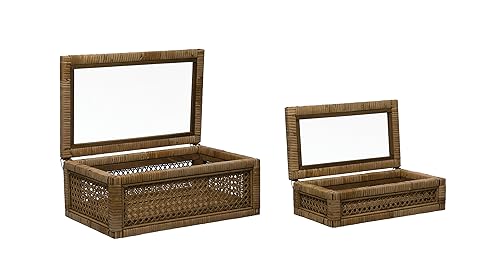 Creative Co-Op Modern Decorative Rectangle Woven Rattan and Wood Display Boxes with Glass Top, Set of 2 Sizes, Natural Finish Creative Co-Op
