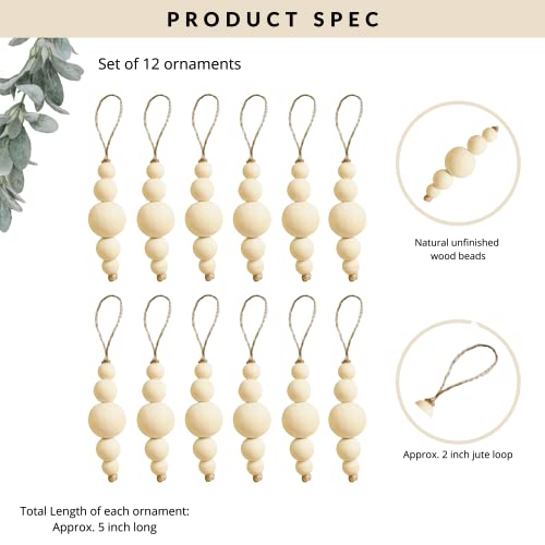 Sage in Thyme Boho Christmas Tree Ornaments Rustic Wooden Beads Natural Modern Minimalist Xmas Decorative for Home Decor Christmas Tree Bohemian Holiday Set of 12 (Wood Natural) sage in thyme