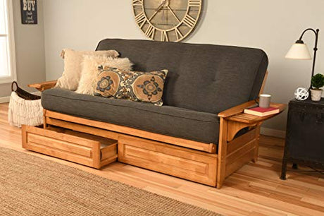 Kodiak Furniture Phoenix Full Size Futon in Butternut Finish with Storage Drawers, Linen Charcoal Kodiak Furniture