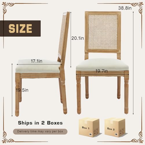 SoarFlash French Decor Chairs Set of 4, Louis Dining Chairs with Square Rattan Backrest, Exquisitely Carved Solid Wood Frame for Living Room, Kitchen, Restaurant, Beige SoarFlash