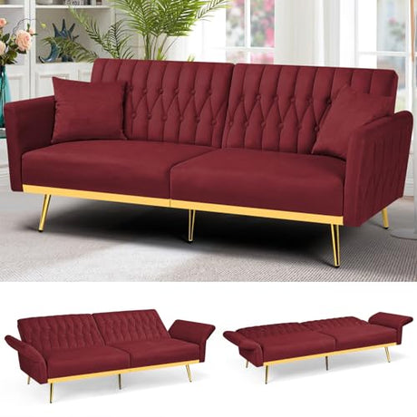 ACMEASE 70” Velvet Futon Sofa Bed with 2 Pillows and Adjustable Armrests, Convertible Sleeper Bed W/Adjustable Backrests, Modern Loveseat for Living Room, Bedroom, Red ACMEASE